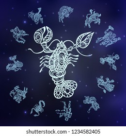 sign of cancer and set with signs of zodiac on space