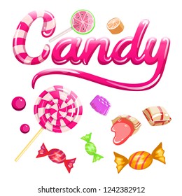 Sign Candy and Colorful candies set with desserts, candies, caramel in beautiful wrapper, marmalade, multicolored dragee, lollipop, vector illustration