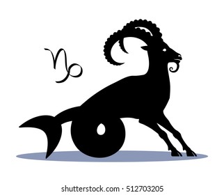 Sign Capricorn Zodiac Horoscope, Illustration, Silhouette of Horned Goat with a Fish Tail., Symbol of the month January. Icon Capricorn. Vector, isolated on background.