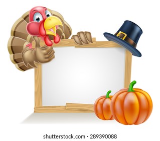 Sign with cartoon Thanksgiving turkey bird with a pilgrim or puritan thanksgiving hat and pumpkins