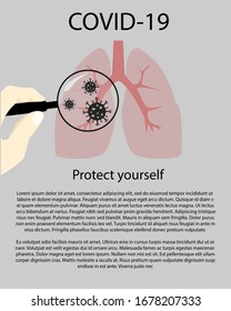 Sign caution coronavirus. Protect yourself vector illustration. Lungs with virus on grey background. 2019-nCov novel coronavirus concept. Flyer template