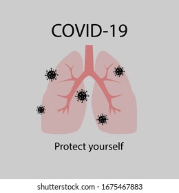 Sign caution coronavirus. Stop coronavirus vector illustration.Lungs with Coronavirus on grey background. 2019-nCov novel coronavirus concept 