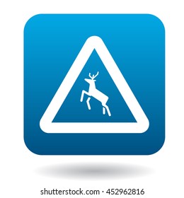Sign caution deer icon in simple style in blue square. Rules of the road symbol