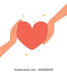 Sign of charity donation, heart in hand, Arms and hands raised with red heart.