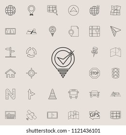 the sign is checked on pin icon. Detailed set of navigation icons. Premium quality graphic design sign. One of the collection icons for websites, web design, mobile app on colored background