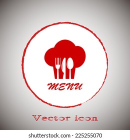 sign with chef hat and spoon, fork, knife Vector icon Red round button on a gray background