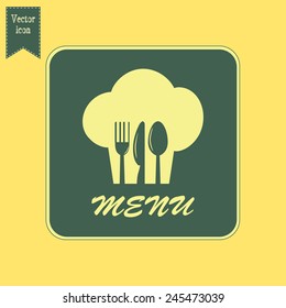 sign with chef hat and spoon, fork, knife 
