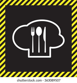 sign with chef hat and spoon, fork, knife 