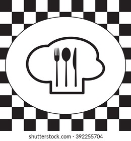 sign with chef hat and spoon, fork, knife 