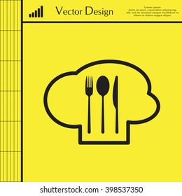 sign with chef hat and spoon, fork, knife 