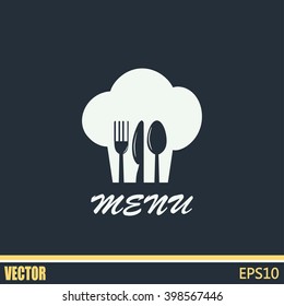 sign with chef hat and spoon, fork, knife 