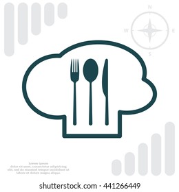 sign with chef hat and spoon, fork, knife 