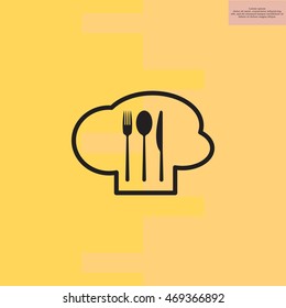 sign with chef hat and spoon, fork, knife 