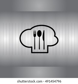sign with chef hat and spoon, fork, knife 