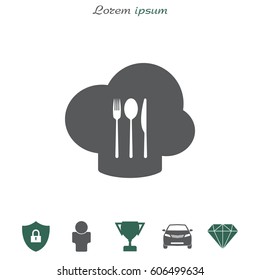 sign with chef hat and spoon, fork, knife 