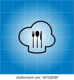 sign with chef hat and spoon, fork, knife 