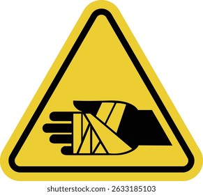 Sign chemical burns. Risk of chemical injury. Corrosive substances. Areas where special care and personal protective equipment are required. Warning yellow triangle road sign.