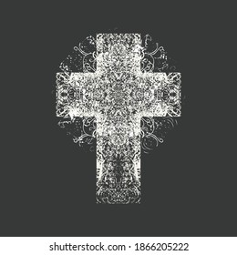 The sign of the Christian cross with an abstract curlicues on a black background in grunge style. Creative vector illustration, religious symbol, icon, logo, t-shirt design, design element