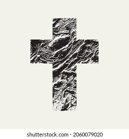 The sign of the Christian cross with an abstract grunge texture, isolated on a light background. Monochrome vector illustration, religious symbol, badge, icon, T-shirt design, logo, design element