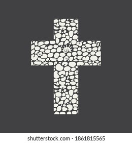 Sign of the Christian cross with an abstract texture of light pebbles on a black background. Monochrome vector illustration, religious symbol, icon, logo, t-shirt design, graphic print, design element