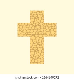 Sign of the Christian cross with an abstract texture of pebbles in beige colors. Vector illustration, religious symbol, icon, logo, t-shirt design, graphic print, design element