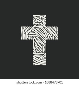 Sign of the Christian cross with an abstract texture of a skein of thread. Decorative vector illustration of a religious symbol with a wound thread. Icon, mascot, logo, T-shirt design, design element