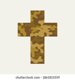 Sign of the Christian cross with the army camouflage texture on a light background. Creative vector illustration, religious symbol, icon, logo, t-shirt design, graphic print, design element