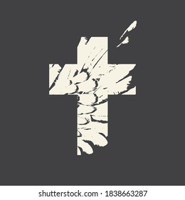 Sign of the Christian cross with feathers inside on a dark background. Creative vector illustration, religious symbol, icon, logo, emblem, design element, print, tattoo, t-shirt design.