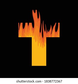 Sign of the Christian cross with a flame inside on black background. Hellfire. Religious vector illustration, icon, logo, symbol, design element, print, tattoo, t-shirt design. A hell of a fire