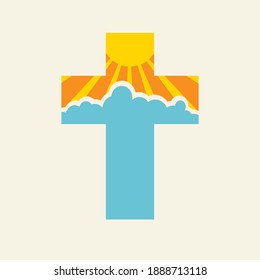 Sign of the Christian cross with yellow shining sun and blue clouds in cartoon style. Creative vector illustration, religious symbol, icon, logo, emblem, t-shirt design, print, tattoo, design element