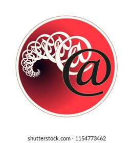 sign AT circular label with fractal spiral tail pattern in red and white