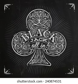 Sign clubs in vintage style lettering black jack all in drawing with chalk on the blackboard