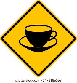 Firma café, té. Puede detenerse y tomar una taza de café, té y otras bebidas. Señal de advertencia. Señal de tráfico de Rhombus. Señal de advertencia de rombo amarillo.