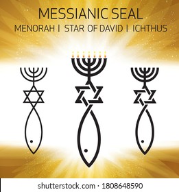 Sign of the combined Menorah, star of David and fish, a symbol of Christian art, also known as Jesus fish. Also called Ichthys or Ichthus. Symbol is a token of the Messianic seal.