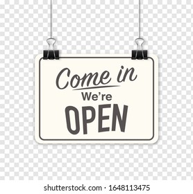 Sign Come in we are Open hanging on the wall, with shadow isolated on transparent background. Realistic Design template - Vector	