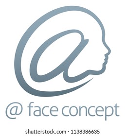 An at sign commercial at symbol forming a face in profile conceptual illustration