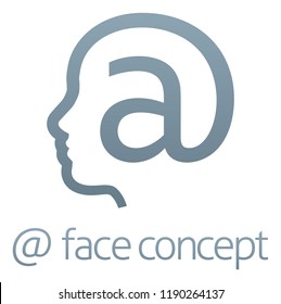 An at sign commercial at symbol forming a face in profile concept