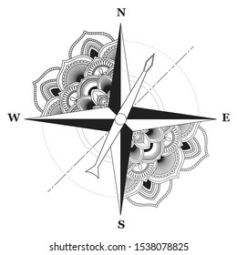 Sign of compass  with round ornament behind isolated on white background. Vector illustration