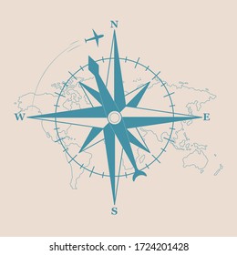 Sign of compass with silhouette of plane. Vector illustration