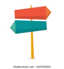 Sign concept. Road sign on street and direction choice. Message on board. Isolated flat vector illustration