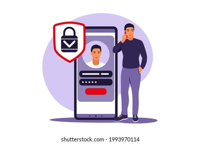 Sign up concept. Young man signing up or login to online account on smartphone app. Secure login and password. Vector illustration. Flat.