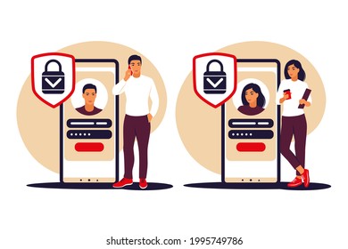 Sign up concept. Young people signing up or login to online account on smartphone app. Secure login and password. Vector illustration. Flat.