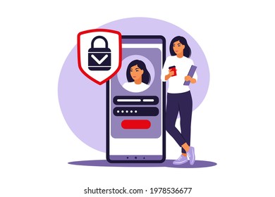 Sign up concept. Young woman signing up or login to online account on smartphone app. Secure login and password. Vector illustration. Flat.