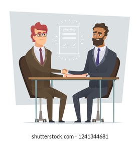 Sign contract. Business meeting selling deal traders dialogue partnership vector cartoon characters isolated