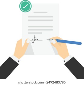 Sign the contract. Businessman cartoon character holding pen. Official document, Legal contract with signature. agreement, commitment agreement. Isolated vector concept metaphor illustration

