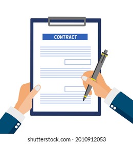 Firmar el concepto del contrato, un bolígrafo de mano sobre un documento de contrato, sosteniendo la otra mano el papel sobre el color de la espalda blanca grande y azul