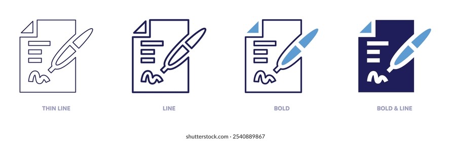 Icono de contrato de firma en 4 estilos diferentes. Línea delgada, línea, negrita y línea negrita. Estilo duotono. Trazo editable.