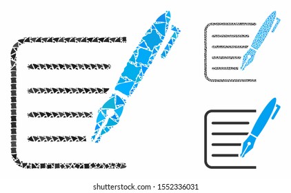Sign contract mosaic of irregular parts in various sizes and color tones, based on sign contract icon. Vector irregular items are united into illustration.