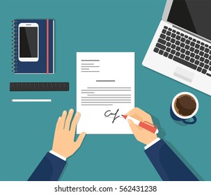 Sign the contract in the office. Flat illustration of business man signing document and putting his signature on the paper. Professional manager sitting at work desk with laptop and drinking coffee