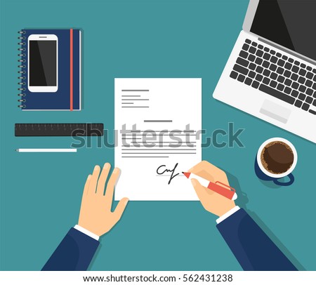Sign the contract in the office. Flat illustration of business man signing document and putting his signature on the paper. Professional manager sitting at work desk with laptop and drinking coffee